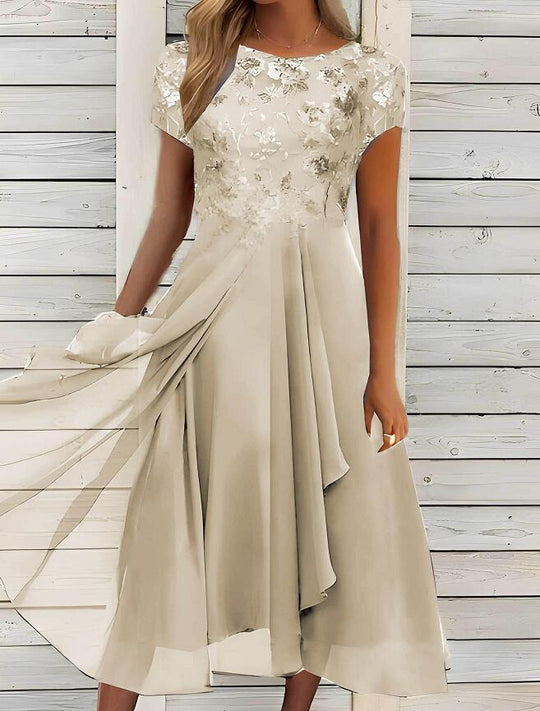 Damen nan fließendes Chiffon-Midikleid mit blumenbesticktem Oberteil und asymmetrischem Stufenrock EB