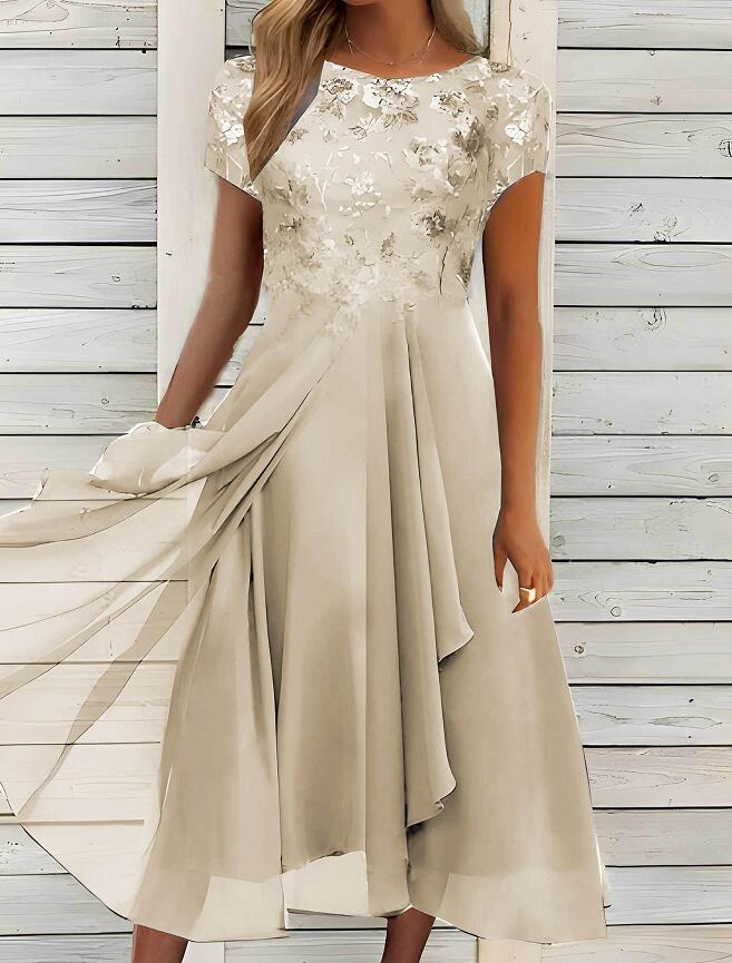 Damen nan elegantes Chiffon-Midikleid mit floraler Spitzenapplikation und fließendem Tellerrock EB