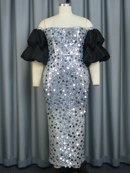 Damen Glitzerndes Abendkleid mit voluminösen Puffärmeln EB