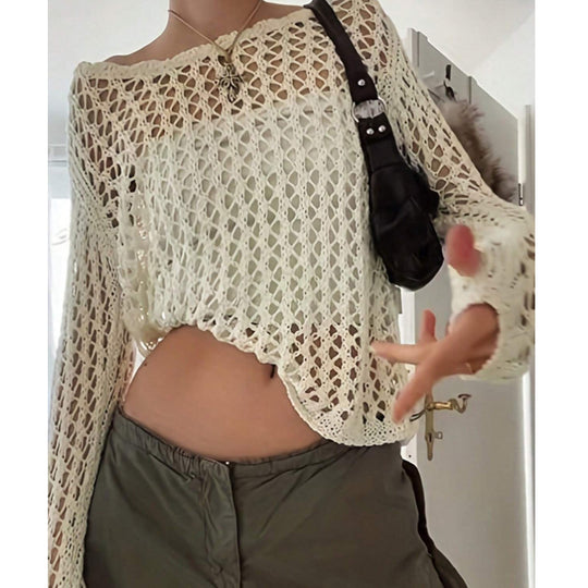 Damen luftiges Häkeloberteil mit weitem Schnitt und transparentem Design EB