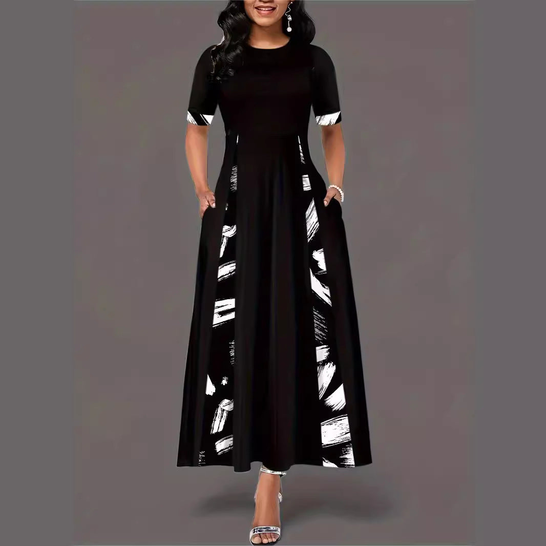 Damen elegantes Maxikleid mit modischem Pinselstrich-Muster und praktischen Taschen EB
