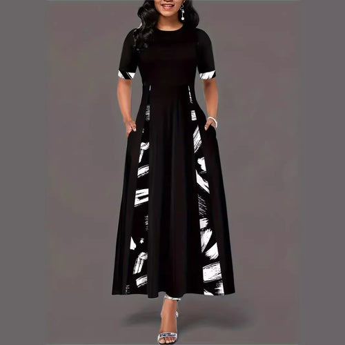 Damen elegantes Maxikleid mit modischem Pinselstrich-Muster und praktischen Taschen EB