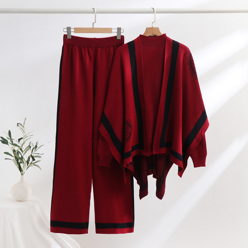 Damen elegantes Strick-Loungewear-Set mit grafischem Muster und weiten Ärmeln EB