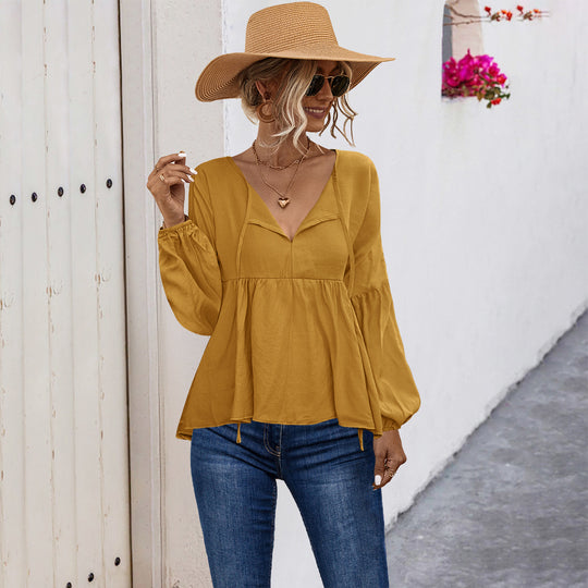 Damen lässige Bluse mit V-Ausschnitt und langen Puffärmeln EB