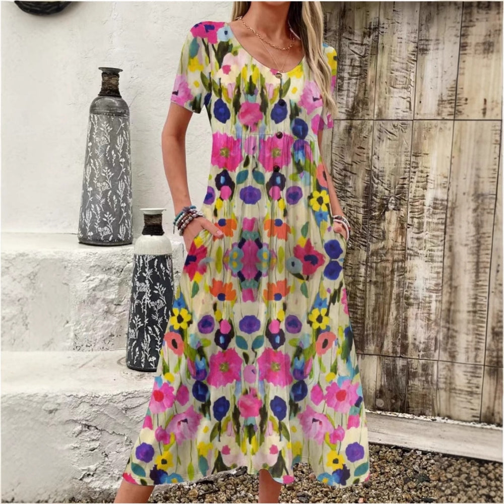 Damen Maxi-Kleid mit floralem Design und praktischen Taschen EB
