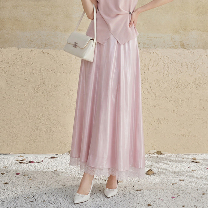 Damen  ausgestellter Satin-Midirock mit feiner Spitzenunterlage und nahtlosem Taillenbund EB