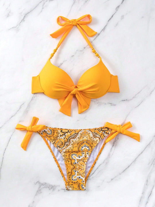 Damen Bikini-Set mit modischem Knoten und bunten Akzenten EB