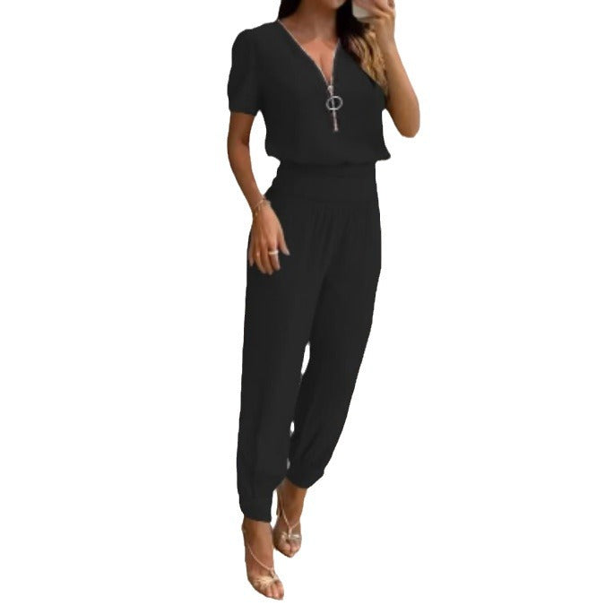 Damen Jumpsuit mit V-Ausschnitt und Gummizug EB