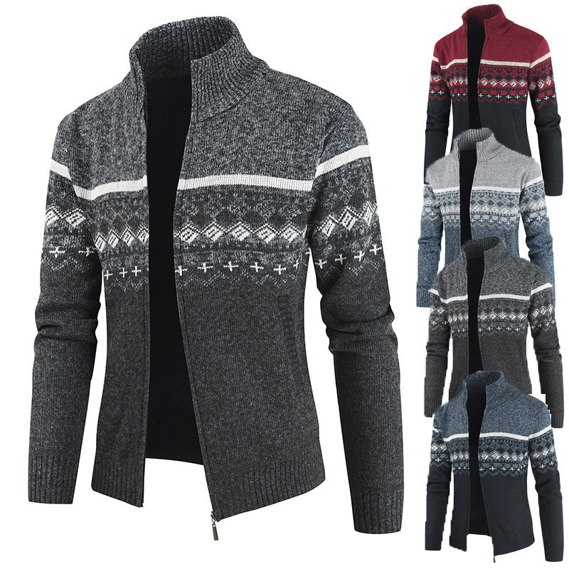 Herren modische Strickjacke mit hohem Kragen und grafischem Muster EB