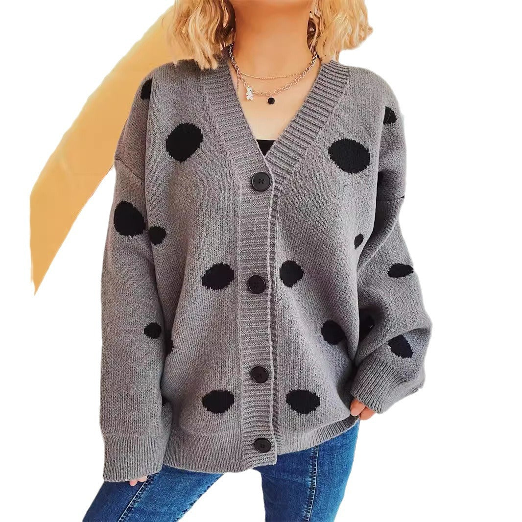 Damen lässige Strickjacke mit modernen Punkten und voluminösen Ärmeln EB