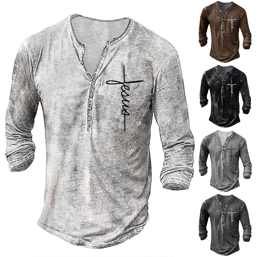 Herren Langarm Henley-Shirt mit kreativem Grafikdruck EB