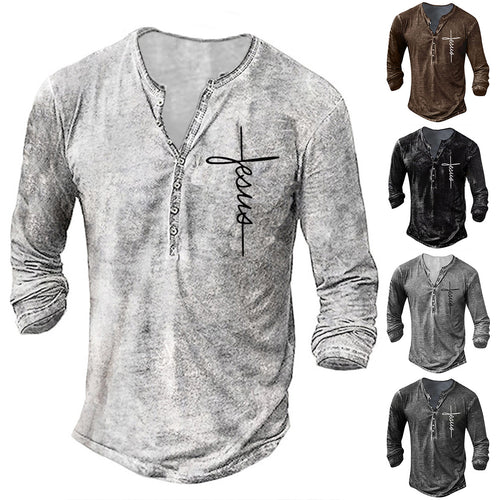 Herren Langarm Henley-Shirt mit kreativem Grafikdruck EB