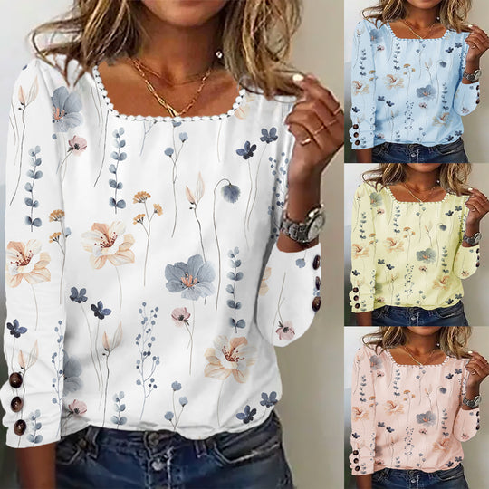 Damen Bluse mit floralem Druck und dekorativen Knopfdetails EB