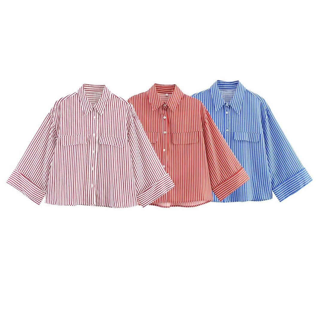 Damen gestreifte Bluse mit voluminösen Ärmeln und praktischen Taschen EB