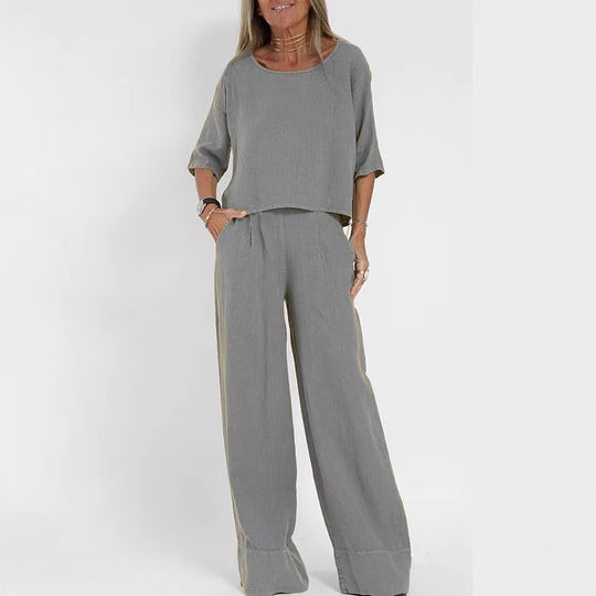 Damen luftiges Leinen-Ensemble mit weitem Schnitt und praktischen Taschen EB