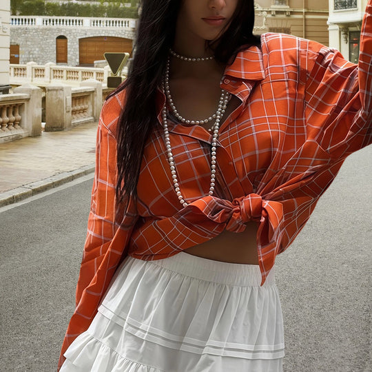 Damen Oversize-Musterhemd mit dekorativer Knopfleiste und lässigem Schnitt EB