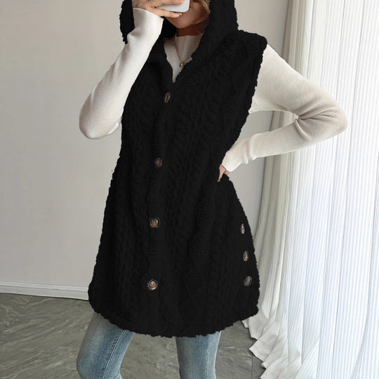 Damen Kuschelige Fleece-Weste mit Kapuze und Knopfverschluss EB