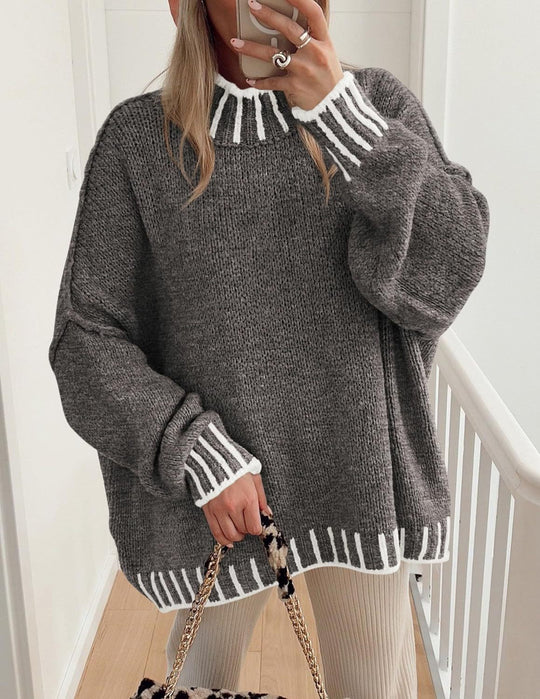 Damen lässiger Grobstrickpullover mit modernem Streifenmuster EB