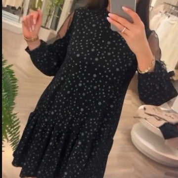 Damen Kurzärmeliges Kleid mit Punkte-Muster und modischen Rüschendetails EB