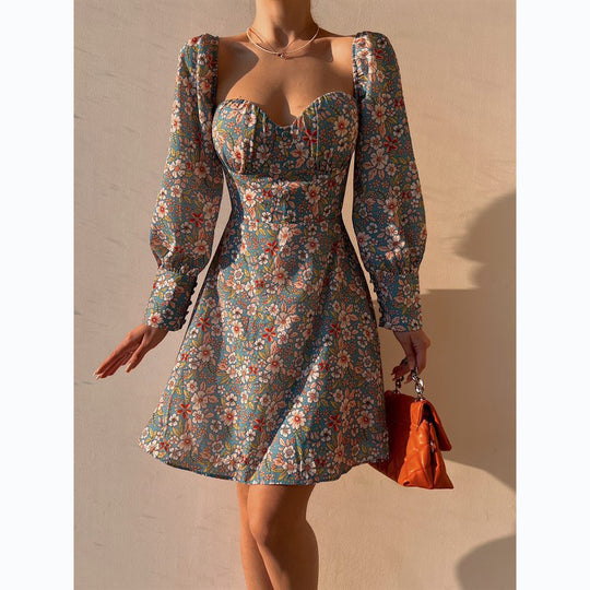 Damen Puffärmel Kleid mit romantischem Blumenmuster und herzförmigem Ausschnitt EB