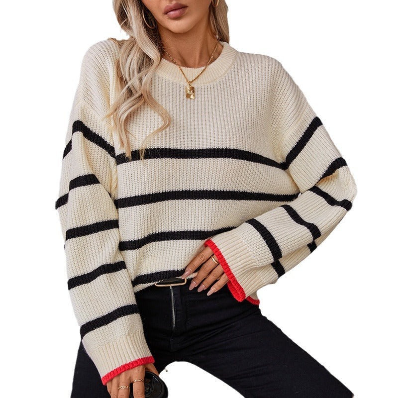 Damen klassischer Strickpullover mit maritimen Streifenmuster und weitem Schnitt EB
