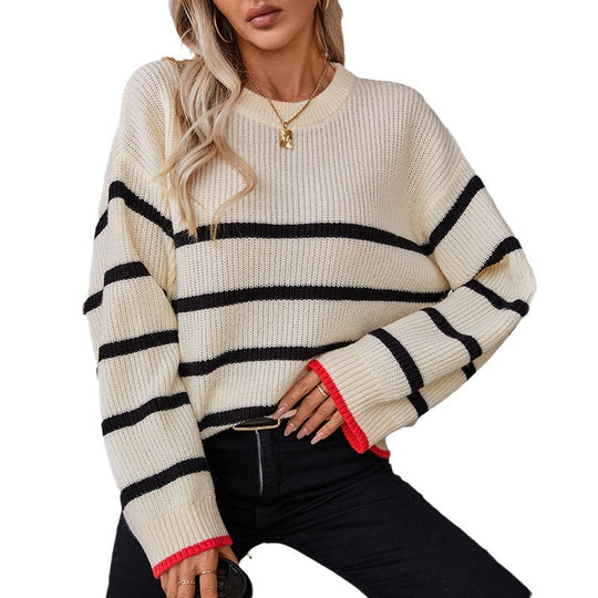 Damen klassischer Strickpullover mit maritimen Streifenmuster und weitem Schnitt EB
