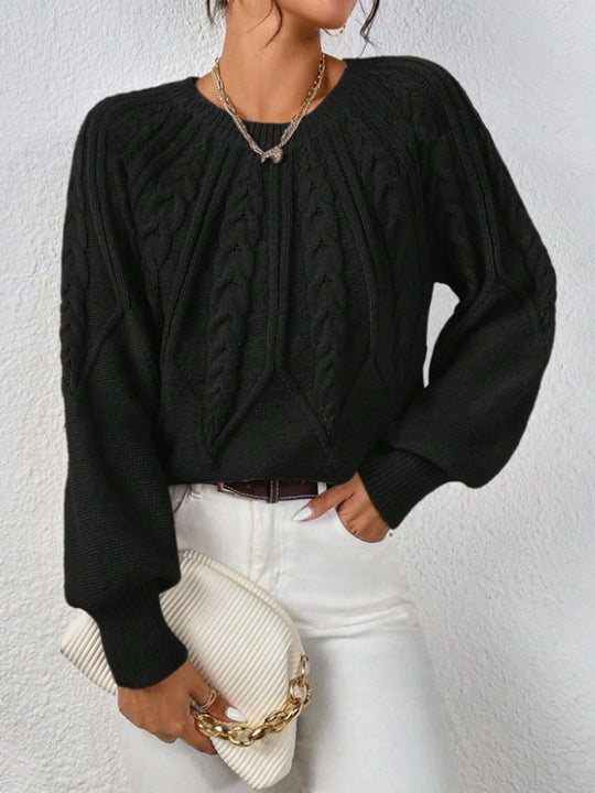 Damen nan kurzer Zopfmuster-Strickpullover mit Ballonärmeln und geripptem Saum EB