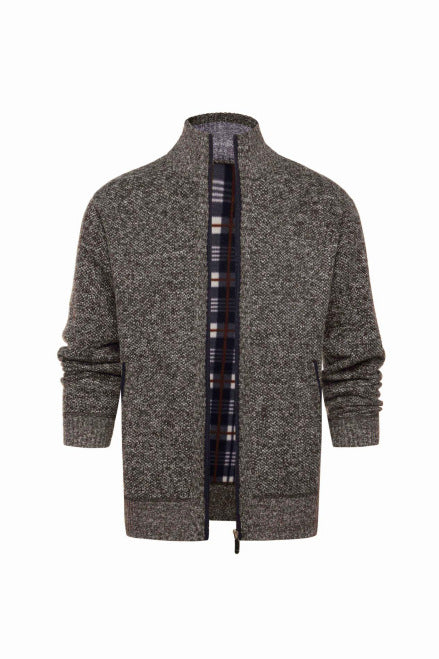 Herren gebürstete Strickjacke mit kariertem Thermofutter und Stehkragen EB