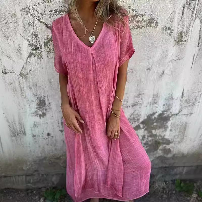 Damen lässiges Langarmkleid mit elegantem V-Ausschnitt und fließendem Design EB