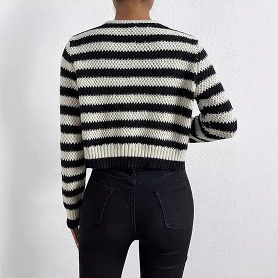 Damen gestreifte Strickjacke mit dekorativen Knöpfen EB