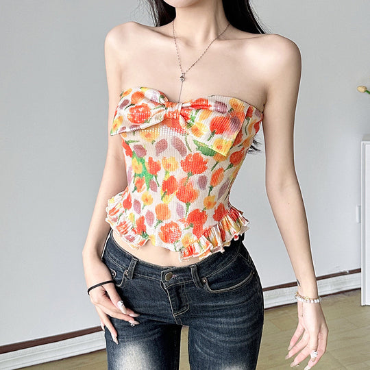 Damen Bustier-Top mit floralem Glitzerdesign und Rüschensaum EB