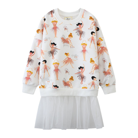 Mädchen Sweatshirt-Kleid mit verspieltem Ballettmotiv und Tüllrock EB