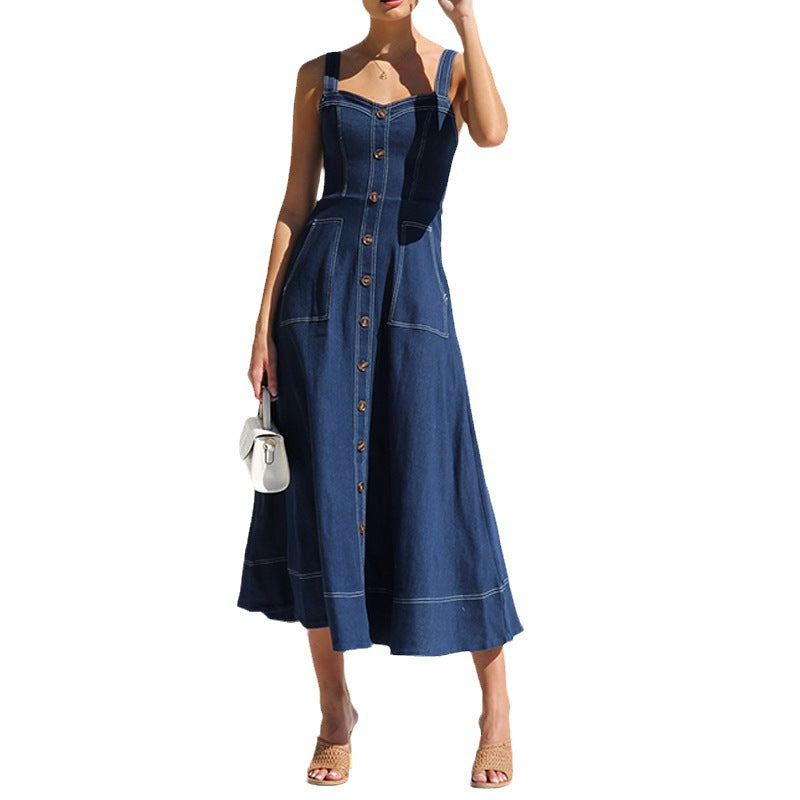Damen langes Jeanskleid mit Knopfleiste und praktischen Taschen EB