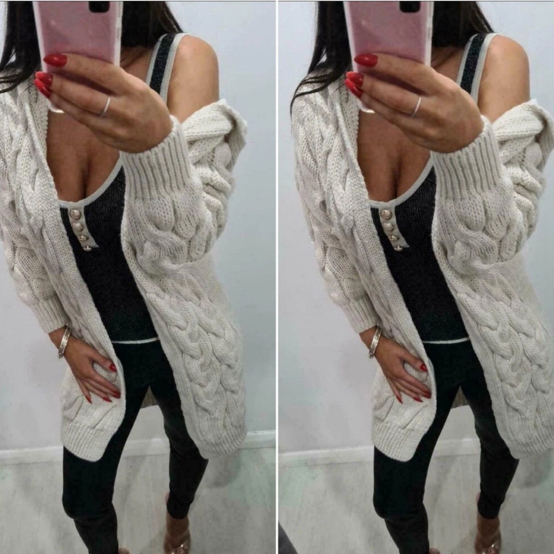 Damen lange Strickjacke mit Kapuze und Zopfdesign EB