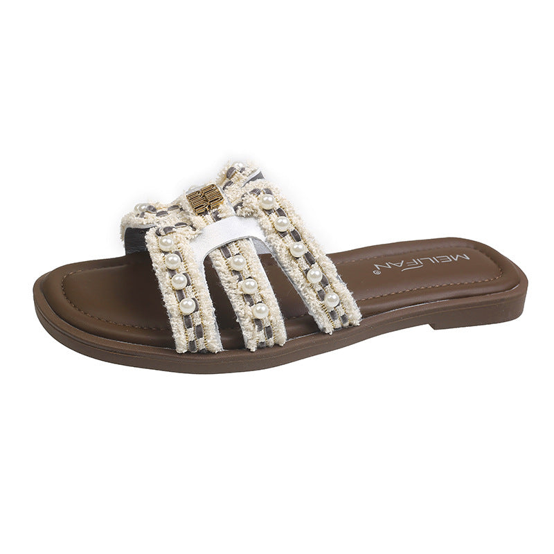 Damen elegante Sandalen mit perlenbesetztem Riemendesign EB
