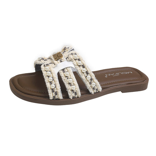 Damen elegante Sandalen mit perlenbesetztem Riemendesign EB