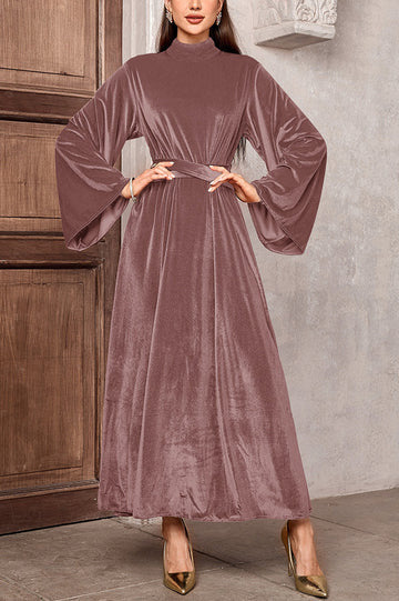 Damen Maxikleid aus Samt mit Stehkragen, weitem Glockenärmel und Taillengürtel EB
