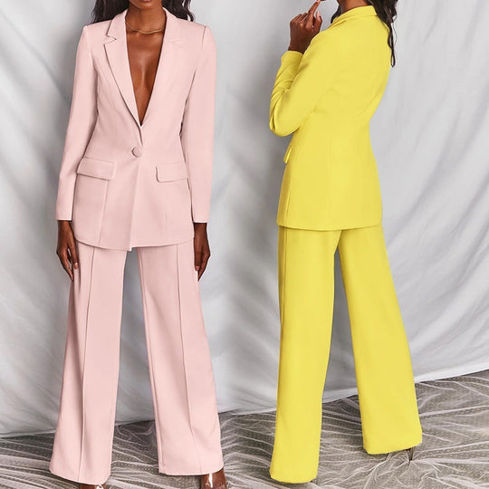 Damen nan eleganter Longline-Blazer mit tiefem V-Ausschnitt und weitem Palazzo-Hosenanzug EB