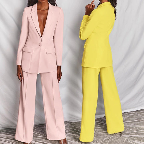 Damen nan eleganter Longline-Blazer mit tiefem V-Ausschnitt und weitem Palazzo-Hosenanzug EB