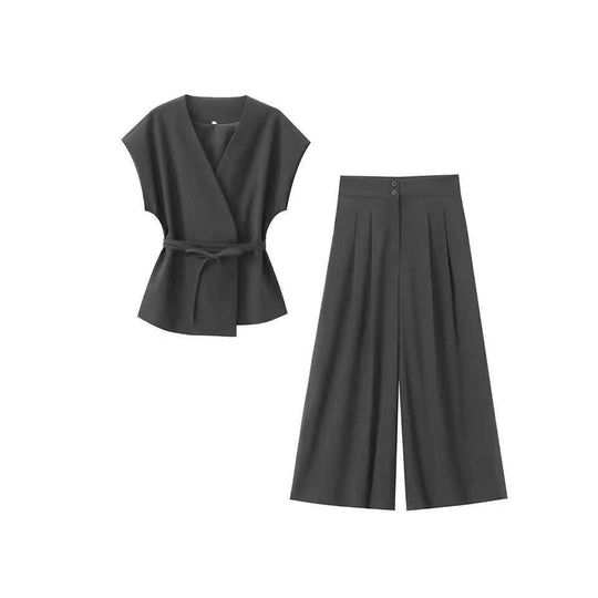 Damen elegantes Wickeloberteil und weite Palazzo-Hose Set EB