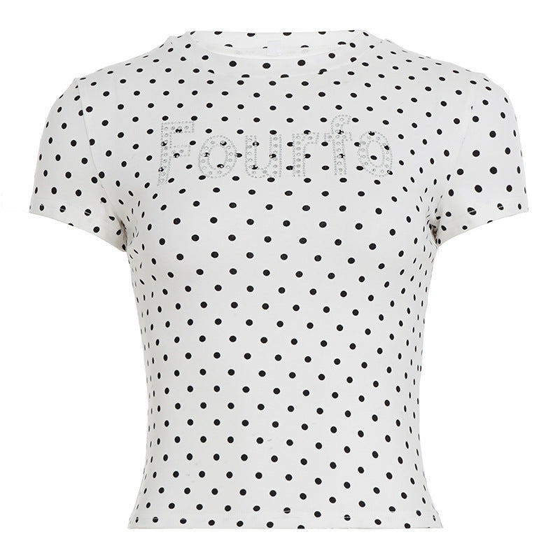 Damen Trendiges Kurzarm-Top mit Pünktchenmuster und glitzerndem Schriftzug EB