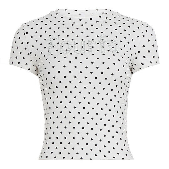 Damen Trendiges Kurzarm-Top mit Pünktchenmuster und glitzerndem Schriftzug EB