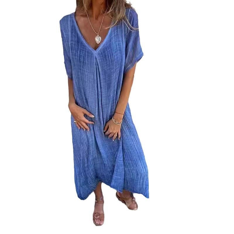 Damen Leichtes Sommerkleid mit V-Ausschnitt und weiten Ärmeln EB
