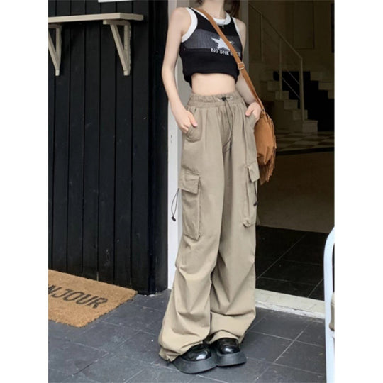 Damen nan Cargo-Hose mit hoher Taille, Elastikbund, großen Klappentaschen und Kordelzug EB