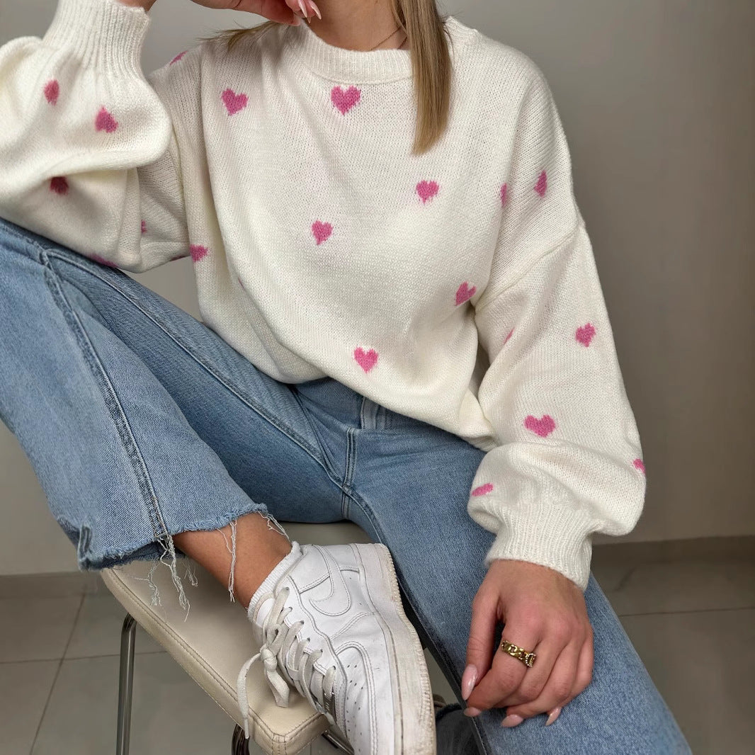 Damen nan oversized Strickpullover mit Herzintarsien und Ballonärmeln EB