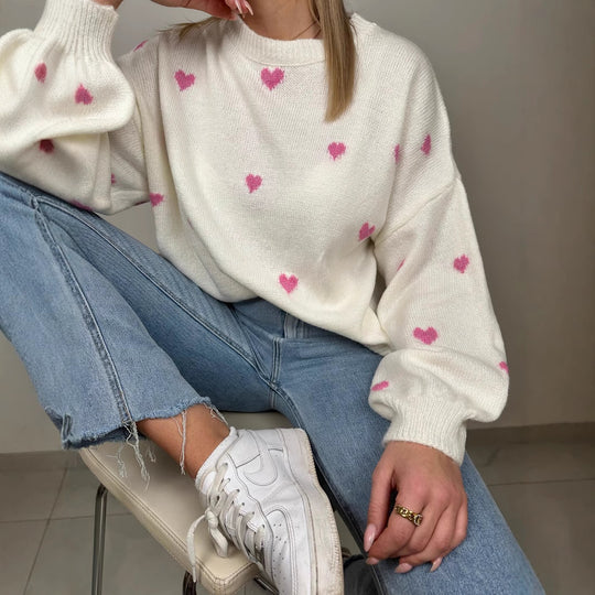 Damen nan oversized Strickpullover mit Herzintarsien und Ballonärmeln EB