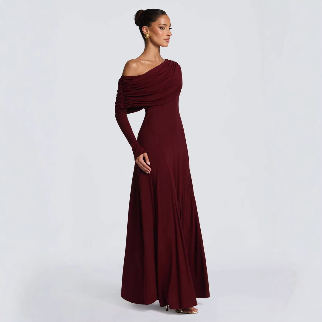 Damen Elegantes Langarm-Maxikleid mit asymmetrischem Drapierungsdetail EB