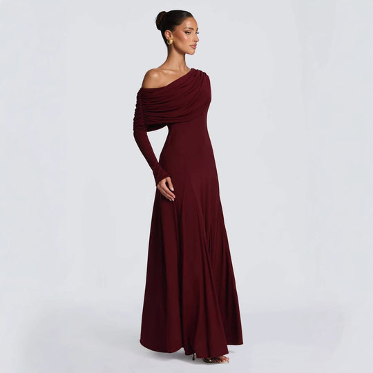 Damen Elegantes Langarm-Maxikleid mit asymmetrischem Drapierungsdetail EB