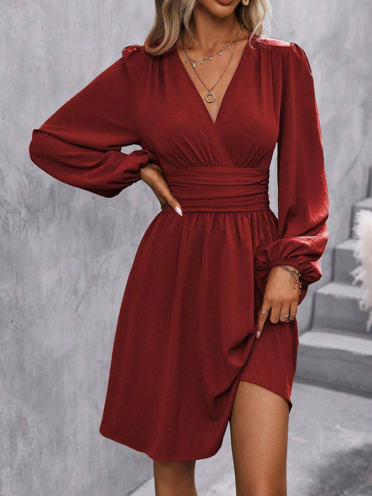 Damen Wickelkleid mit schickem V-Ausschnitt und voluminösen Ärmeln EB