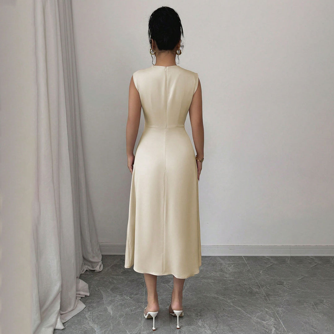 Damen elegantes ärmelloses Midi-Kleid mit drapiertem Ausschnitt EB